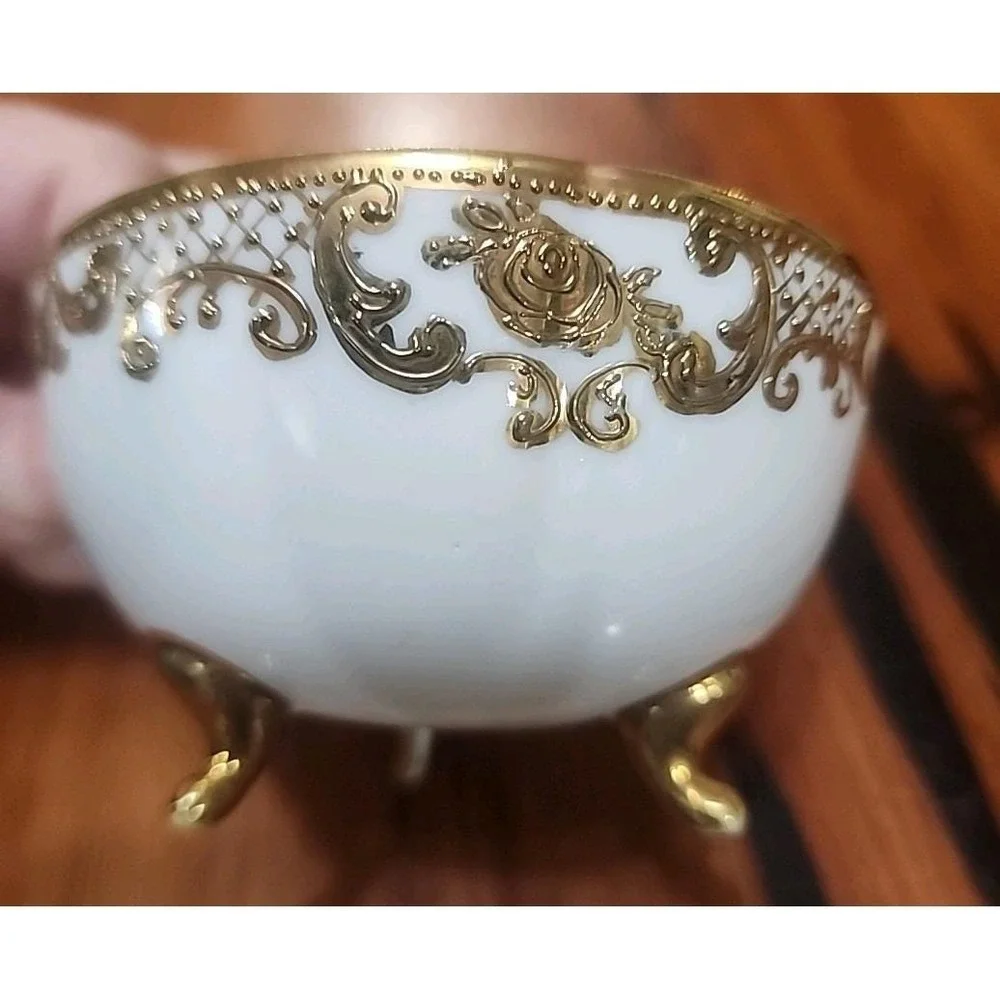 Vintage Nippon Gilt Footed Candy Trinket Dish Bowl Handpainted Gold Floral Japan